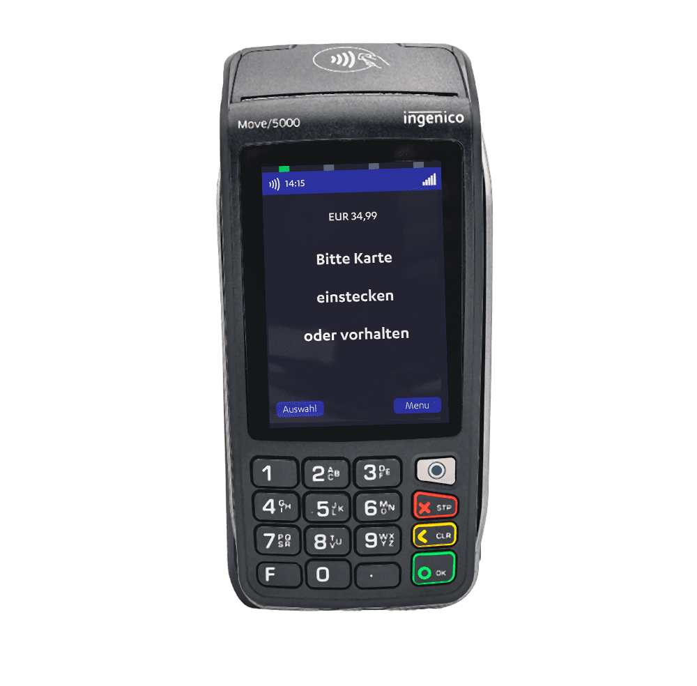 Schwarzes mobiles EC-Terminal vom Hersteller Ingenico in der Variante Move 5000.
