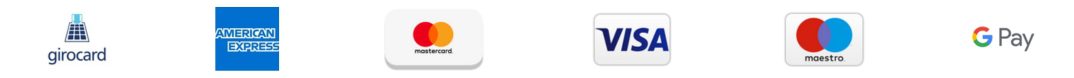 Die Logos verschiedener Zahlungsanbieter, darunter girocard, american express, visa, mastercard, maestro, google pay.