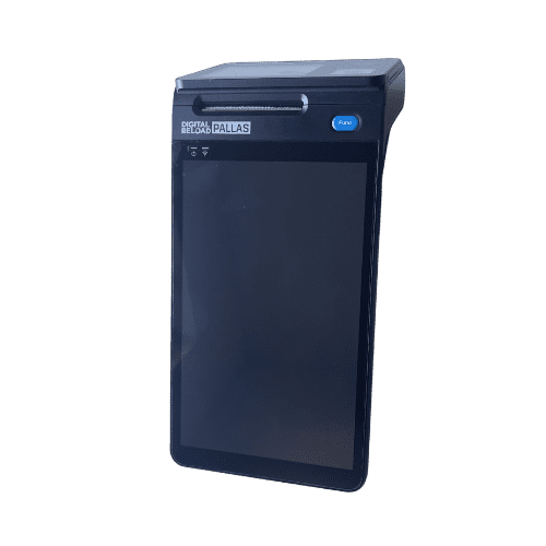 Das Bild zeigt ein schwarzes Prepaid Terminal mit der Modellbezeichnung "Pallas" des Anbieters Digital Reload