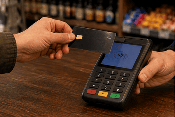 Kontaktlose Kartenzahlung mit EC-Terminal an einer Kiosktheke