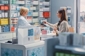 Kartenzahlung in der Apotheke: Kundin hält ihre Karte an ein mobiles EC-Terminal, das die Apothekerin am HV-Tisch bereithält – kontaktlose Zahlung vor Medikamentenregalen.