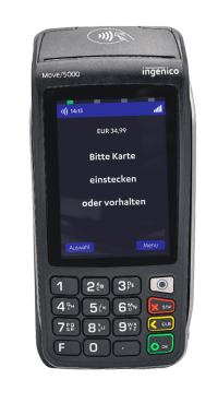 Schwarzes mobiles EC-Terminal vom Hersteller Ingenico in der Variante Move 5000.