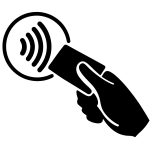 Icon einer schwarzen Hand, die eine Karte an ein "Kontaktlos" Symbol hält