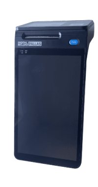 Das Bild zeigt ein schwarzes Prepaid Terminal mit der Modellbezeichnung "Pallas" des Anbieters Digital Reload