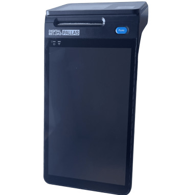 Das Bild zeigt ein schwarzes Prepaid Terminal mit der Modellbezeichnung "Pallas" des Anbieters Digital Reload